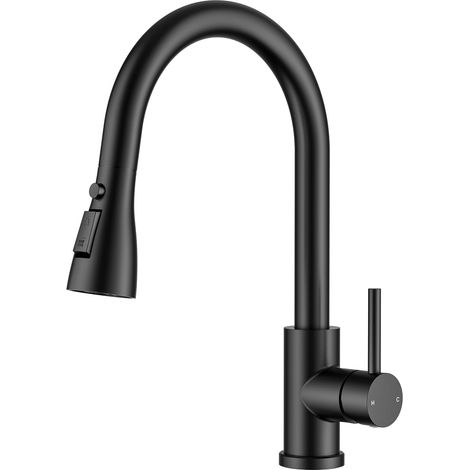 1 Robinet Cuisine, Douchette Extractible, Pivotant 360°, Acier Inoxydable, Noir Mat, Évier Double (1/5)