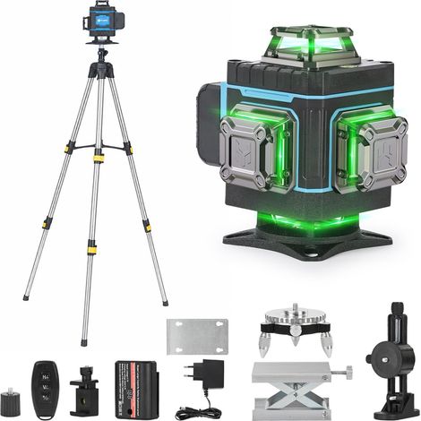 Niveau Laser avec Trepied, 4 x 360 ° Autonivelant Niveaux Laser Chantier 4D 16 Lignes Vert Laser Rotatif Laser Level en Croix avec 1.5 M Trépied, Rechargeable Batterie 6000mAh (1/5)