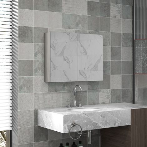 Armoire murale salle de bain avec miroir meuble salle de bain gris double portes et étagères réglables 80x15x60cm style élégant