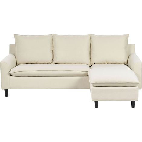 Divano Angolare Sinistro Tessuto beige Imbottito Gambe Legno Scuro Elvenes