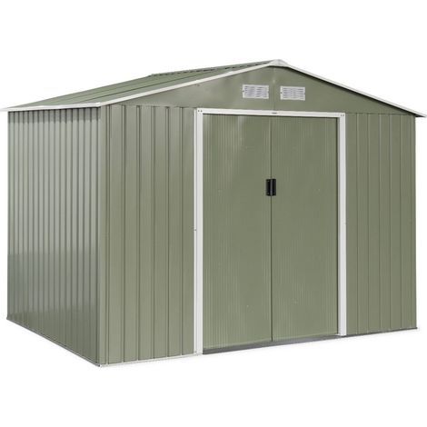 Metal garden shed 5.29m² with anchoring kit Green and White 277x194x203 cm - Ferrain (1/5)