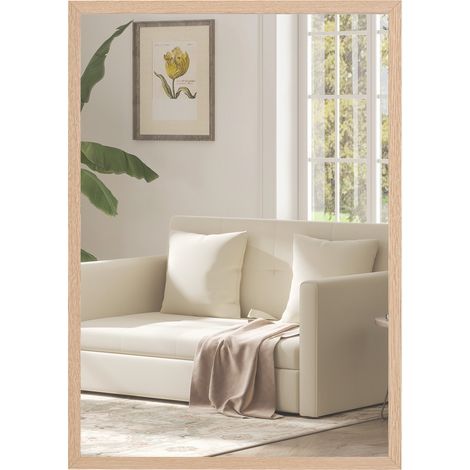 Specchio da parete rettangolare 50 x 70 cm, con cornice in legno, ideale per bagno, soggiorno o camera da letto, colore naturale (1/5)