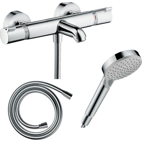 Pack mitigeur bain thermostatique HANSGROHE Ecostat Comfort + Flexible Isiflex 1,6m + Pommeau Vernis Blend EcoSmart 2 jets chromé