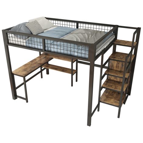 Lit mezzanine 140x200cm métal, bureau placard étagères sans matelas
