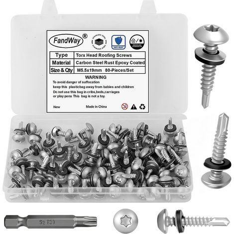 80 Pièces Vis Autoforeuse Metal, M5,5x19mm Vis à Tôle Autotaraudeses de Toiture et Autoperforante Acier Carbone Tête Ronde Avec Rondelles EPDM pour Alu Bois Tôle Plastique. Avec 1 TX30. (1/5)