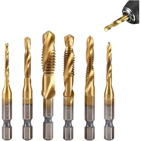 Lot de 6 Tarauds Filetés, Foret Taraud Filetage Métrique M3-M10 avec Revêtement en Titane HSS et Embouts de Taraudage 1/4" Queue Hexagonale Cannelée pour Tarauder Différents Fils (1/5)
