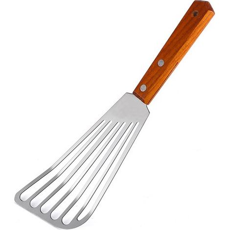 Espátula de acero inoxidable para pescado, espátula de metal para panqueques con mango de madera, panqueques de huevo, hamburguesas y freír carne