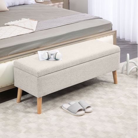 Banc coffre rembourré avec rangement 110 x 39 x 45 cm, assise effet lin beige, style scandinave, pieds en bois clair pour entrée, chambre et salon - CHICFURN (1/5)