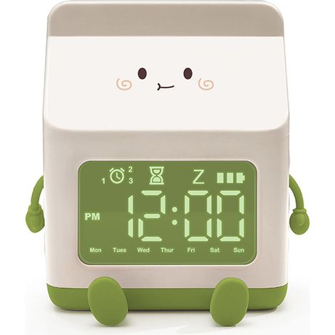 Réveil vert boîte à lait rigolo pour enfants, minuteur étudiant digital réveil mignon cartoon, réveil éducatif avec compte à rebours (1/5)