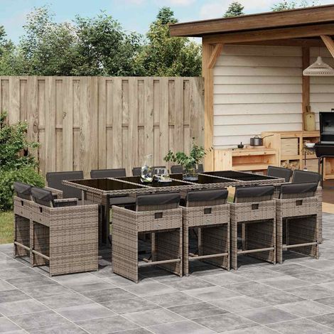 Set comedor de jardín con cojines 13 pzas ratán sintético gris