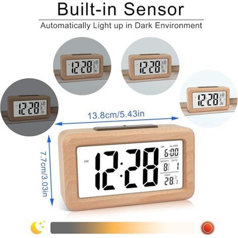 Sveglia digitale in legno con impostazione facile, temperatura, data, retroilluminazione, snooze, per camera da letto, comodino, casa, ufficio, senza ticchettio (1/4)