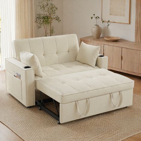 Canapé convertible 2 places avec 2 coussins, velours beige HAVRYA (1/5)