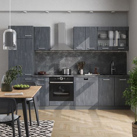 Cucina componibile R-Line, Calce nera/antracite, 300 cm senza piano di lavoro, Vicco (1/5)