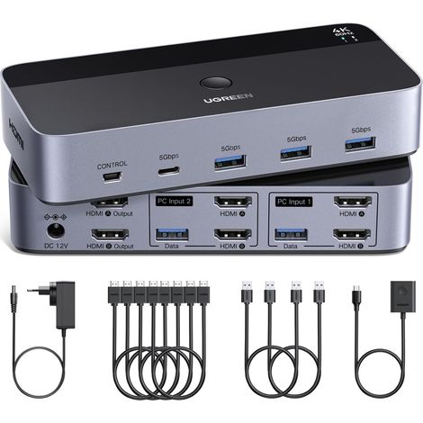 Switch HDMI KVM 2 Entrées 2 Sorties 4K 60Hz 2 Affichage Commutateur 4 Ports USB 3A1C 5Gbps pour Clavier Souris Disque Dur Contrôleur de Bureau Câbles HDMI Inclus (1/5)