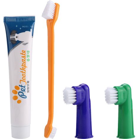 4 Pièces Brosse à Dents Double Tête pour Chien et Chat, Kit de Soin Dentaire avec Brossette Doigt et Dentifrice