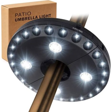 Sonnenschirmbeleuchtung für Terrasse und Garten, 3 Helligkeitsstufen, 28 LEDs mit 200 Lux – 4 AA-Batterien erforderlich, leichter Stabschirm für Terrasse, Camping, Zelte oder andere Outdoor-Aktivitäte (1/5)