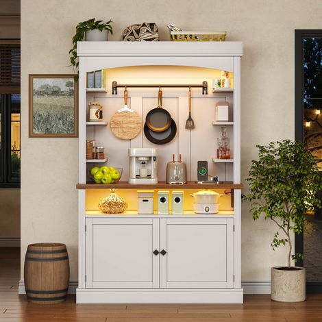 Buffet rangement 106×43×183cm avec LED, prise, cave à vin, vitrine et crochets pour cuisine salle à manger bureau chambre, blanc (1/5)