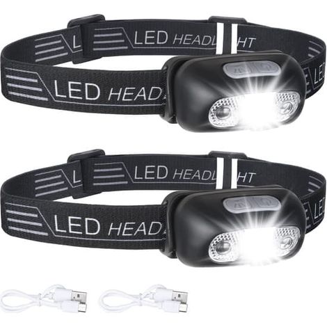 Lot de 2 lampes frontales rechargeables USB, étanches IPX6, ultra-légères et super lumineuses (160 lumens) avec détecteur de mouvement et lumière rouge. (1/5)