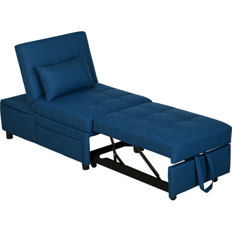 Fauteuil pliant 3 en 1 lit d'appoint dossier réglable avec poche latérale et oreiller sur roulettes bleu