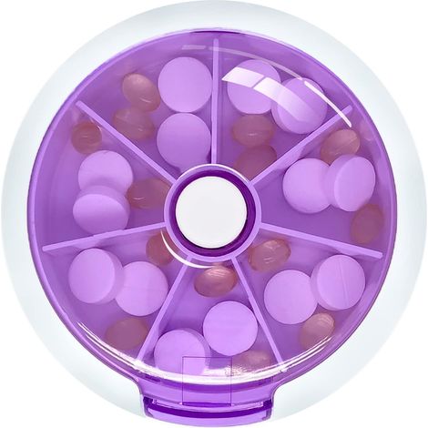 Pilulier hebdomadaire, organisateur de pilules pour 7 jours, 3 prises par jour, distributeur de pilules à bouton-poussoir rotatif avec 7 compartiments (violet) (1/5)