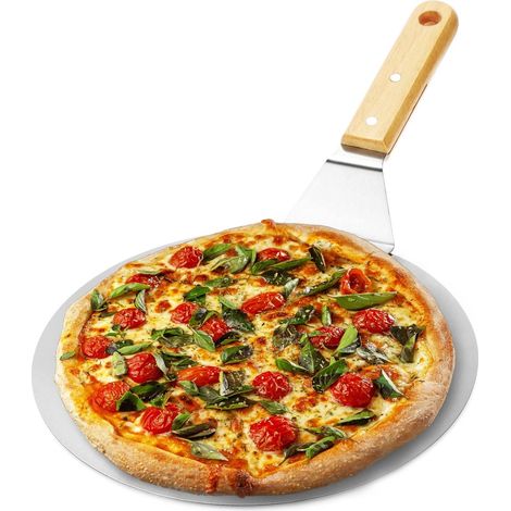 Spatule à pizza ronde, en acier inoxydable, de couleur argentée et marron, adaptée pour les tartes flambées et le pain.-AquaForge (1/5)