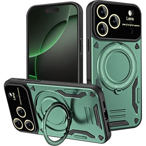 (Vert, iPhone 16) Coque de téléphone magnétique rotative à 360° antichoc avec protection pour objectif et caméra (1/4)