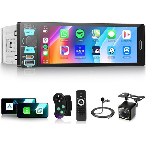 Autoradio 1 Din avec Carplay Android Auto sans Fil, écran Tactile 6,5 Pouces avec Bluetooth, Poste Radio Voiture Multimédia AM FM RDS MP5, Mirror Link, Type-c/USB/AUX SWC EQ, Caméra Recul (1/5)
