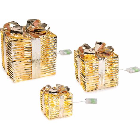 Pacchi regalo natalizi dorati in metallo con luci LED bianco caldo e fiocco. Ideali per interni ed esterni, Grande: cm 25 x 25 x 28 H
