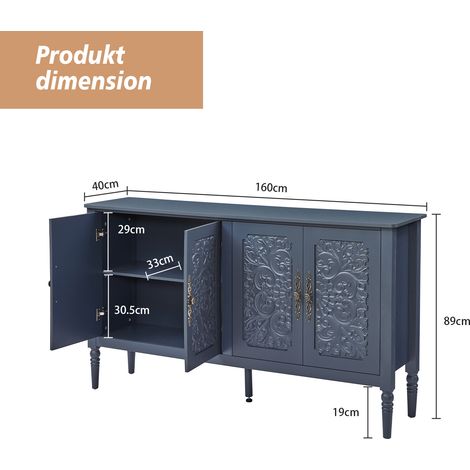 Buffet orné de sculptures en relief antiques, offrant un grand espace de rangement et des angles arrondis – meuble de rangement classique pour salle à manger, salon et couloir (bleu marine) (1/4)