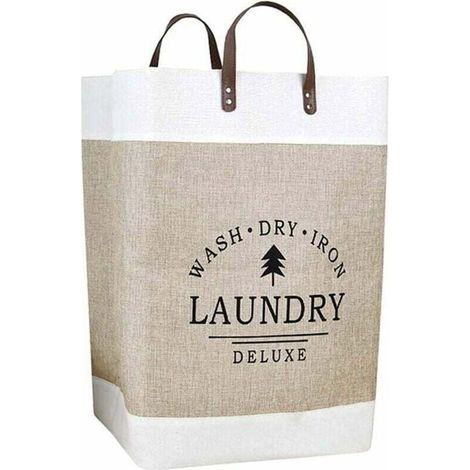 Panier à linge pliable - MICH - Imperméable - Poignée en cuir - 35x56 cm - Capacité 68L - Marron - Tissu en coton et lin (1/4)