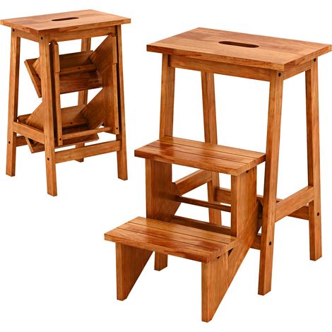 Escabeau à 3 Marches Pliable, Marche Pied en Bois d'Hévéa, 3 en 1 Tabouret Pliante avec Poignée, Patins Antidérapant,Charge 270 kg, Chêne Foncé (1/4)