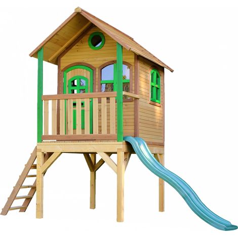 Cabane de jardin pour enfant avec toboggan vert – Maisonnette en bois FSC – Hauteur de plateforme 98 cm – Toboggan de 175 cm – AXI (1/5)