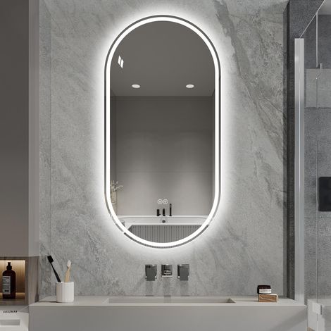 Miroir intelligent ovale sans cadre de 60 x 120 cm, fixé au mur, avec écran tactile et traitement antibuée, pour salle de bain.