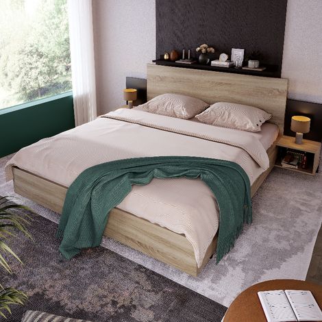 Doppelbett 160x200 cm Bettanlage mit 2 schwebenden Nachtkommoden, Holzbett aus Massivholz, Schlafzimmer Set in Eiche Sonoma und Dunkelgrau (1/5)