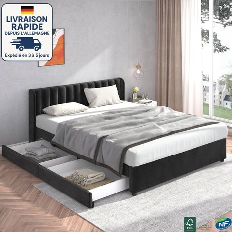 Lit avec tiroirs 180 x 200 cm - Lit adulte 180 x 200 cm - scandinave - Bois Certifié PEFC - Velours avec sommier et dossier à lattes - 2 tiroirs - noir (1/4)
