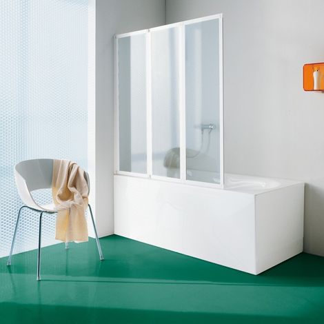 Samo - Pare-bain à trois panneaux repliables 137-139 cm Ht.135 cm profilé blanc verre transparent - B1384L01TR