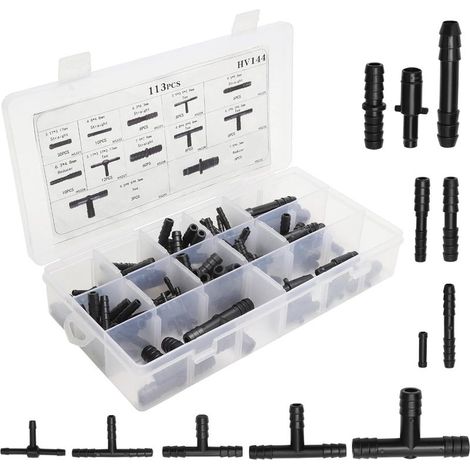 Kit de 113 pièces pour arrosage goutte à goutte – 12 tailles de raccords, réducteurs et raccords en T pour système d’irrigation de jardin – Également compatible avec raccords rapides pour tuyau d’arro (1/5)