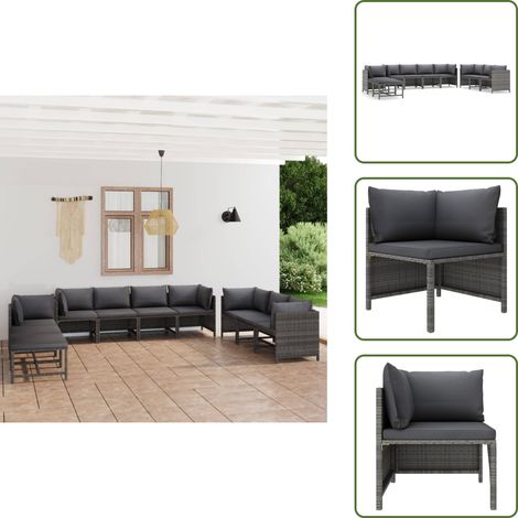 The Living Store Set Divani da Giardino 10 pz con Cuscini in Polyrattan Grigio - Divano in rattan