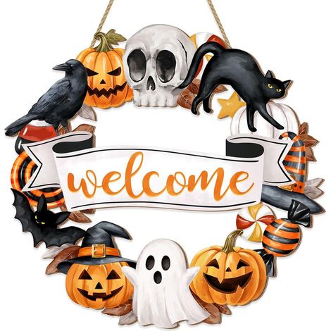 paquet de guirlande en d'Halloween fantômechat citrouille squelette décoration de la maison suspendue à la porte d'entrée 1 Bois Noir (1/5)