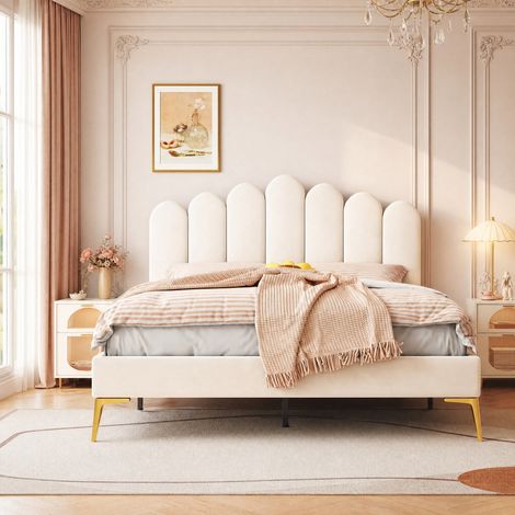 letto matrimoniale 140x200 velluto beige imbottito HAVRYA (1/5)