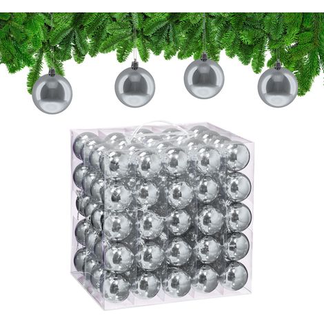 Relaxdays Christmas Baubles, Set of 100, Festive Tree Ornaments, D: 6 cm, Holiday Decorations, Plastic, Shiny, Silver (1/5)