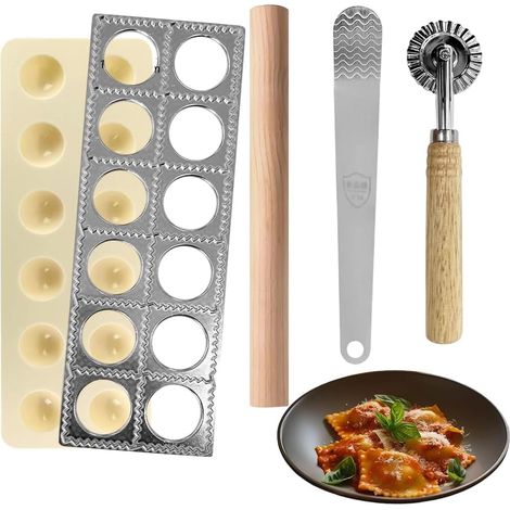 5 Piece Dumpling Mould Set for Dumplings, 12 Pieces with Rolling Pin, Dough Cutter, Spatula and Non-Stick Aluminium Mould for Fresh Pasta, Gyoza, Pelmeni, Dumplings (1/5)