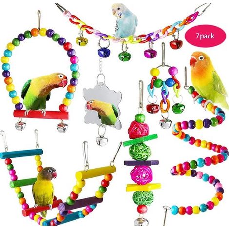 Paket mit 7 farbenfrohen Vogelspielzeugen Wellensittichen und kleinen Papageien (1/5)