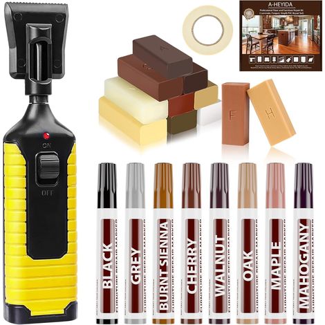 Kit de réparation pour stratifié - Kit de réparation pour parquet avec 11 couleurs de cire dure, solution simple pour réparer les rayures, les trous, l'usure sur le bois, kit de réparation en vinyle (1/5)