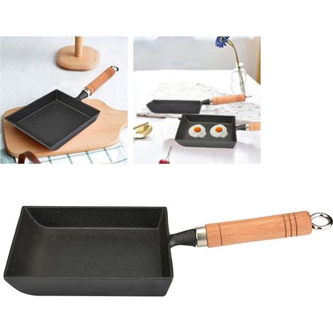 Mini sartén Tamagoyaki, hierro fundido, mango de madera, 37 cm, negra, 1287 g. Incluye: resistente al calor, compatible con inducción, superficie lisa, sin marca. (1/5)