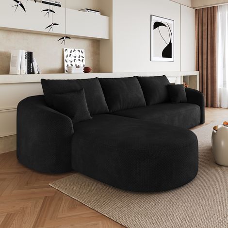 Divano angolare a 3 posti con curvatura a sinistra, in tessuto ciniglia nero, compresso, non richiede montaggio, elegante divano di design per soggiorno, 266x168x85 cm