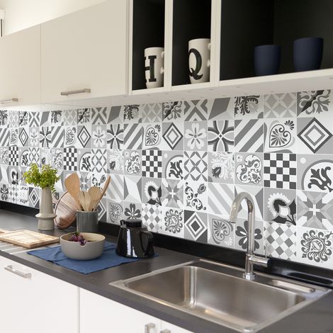 Sticker Mural Carrelage adhésif Cuisine Salle de Bain - 30 STICKERS CARREAUX DE CIMENT AZULEJOS MANDIA - 30stickers10x10cm (1/5)