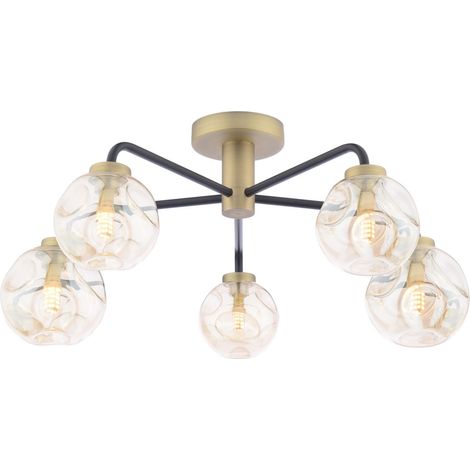 Dar Lainey Plafonnier semi-encastré Lainey à 5 lumières, noir mat et laiton antique, avec verre ambré organique fermé