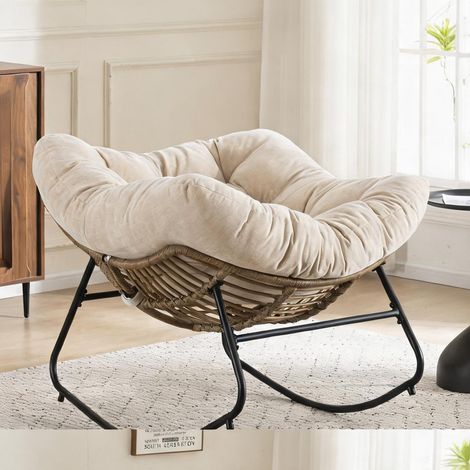 Fauteuil à bascule en tissu chénille beige structure métal (1/5)