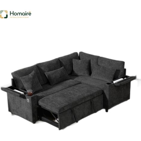 Canapé en velours gris avec rangement, port USB et accoudoirs 206,5 x 141 x 86 cm HOMAIRE (1/5)